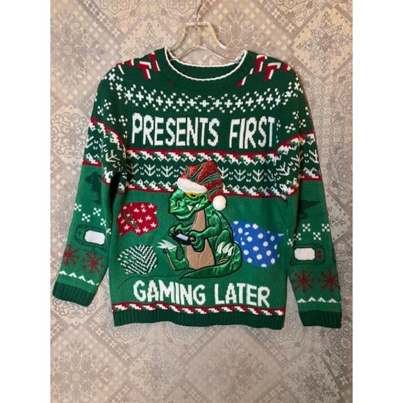 Ugly Christmas T-Rex Gamer Sweater Children's Medium holiday Xmas Dinosaur EUC - Picture 1 of 2